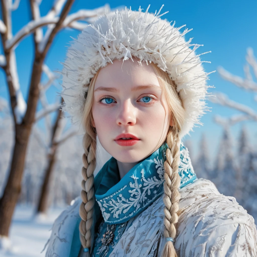 Ragazza albina in una foresta di pini innevata con luce invernale blu