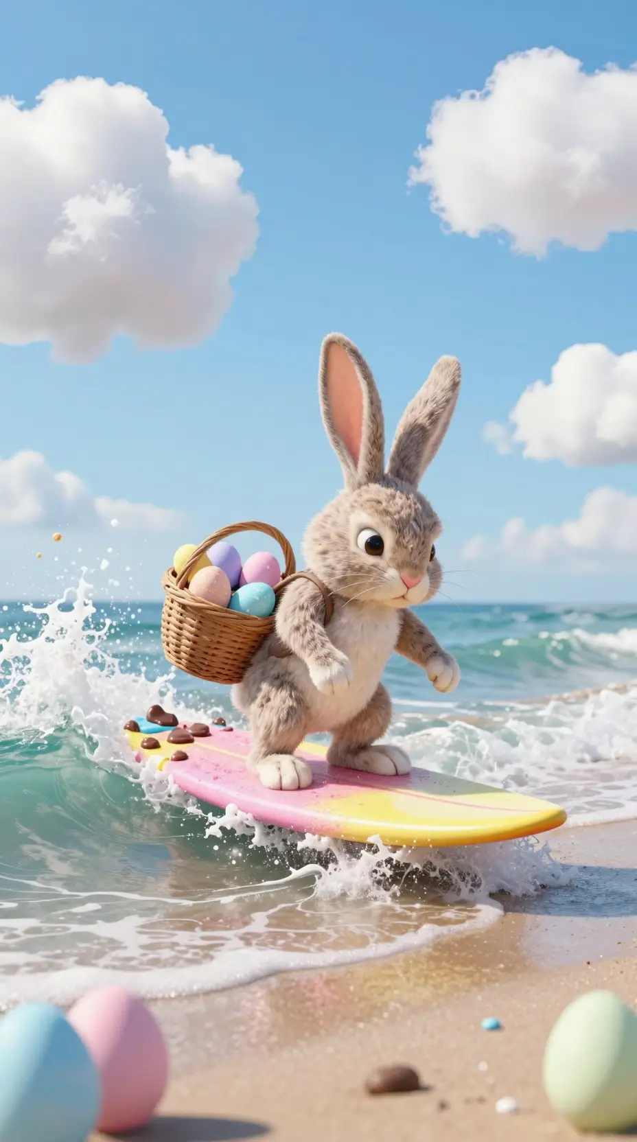 Easter rabbit surfing a pastel chocolate wave at the beach