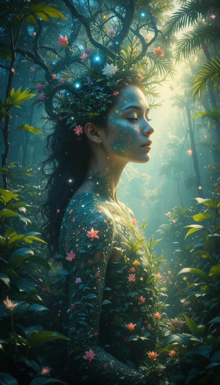 Mystical Woman Merging With A Luminous Rainforest