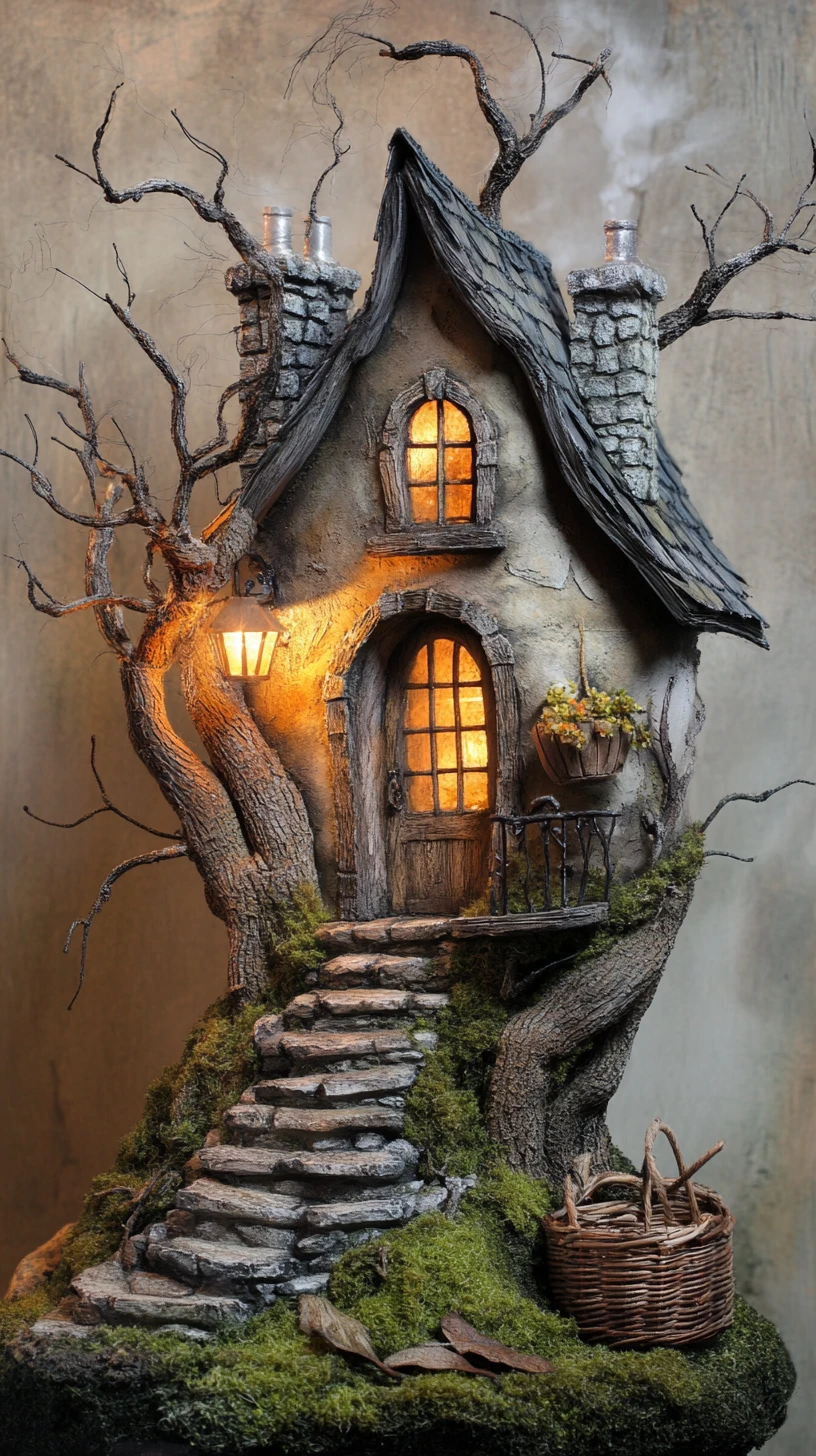 Miniatur-Baumhaus aus einem Märchen mit leuchtender Laterne