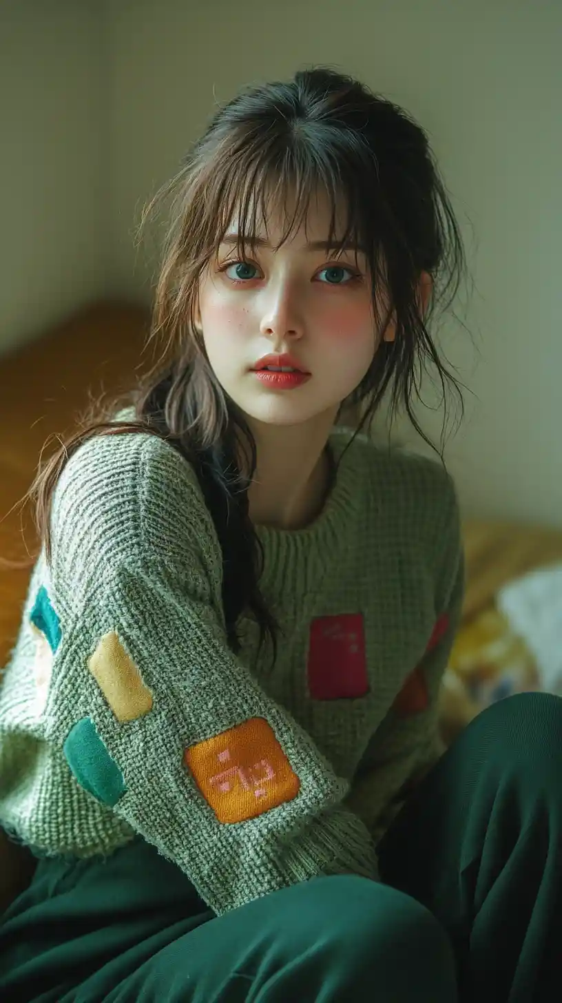 Playful anime girl relaxing in a cozy warm interior