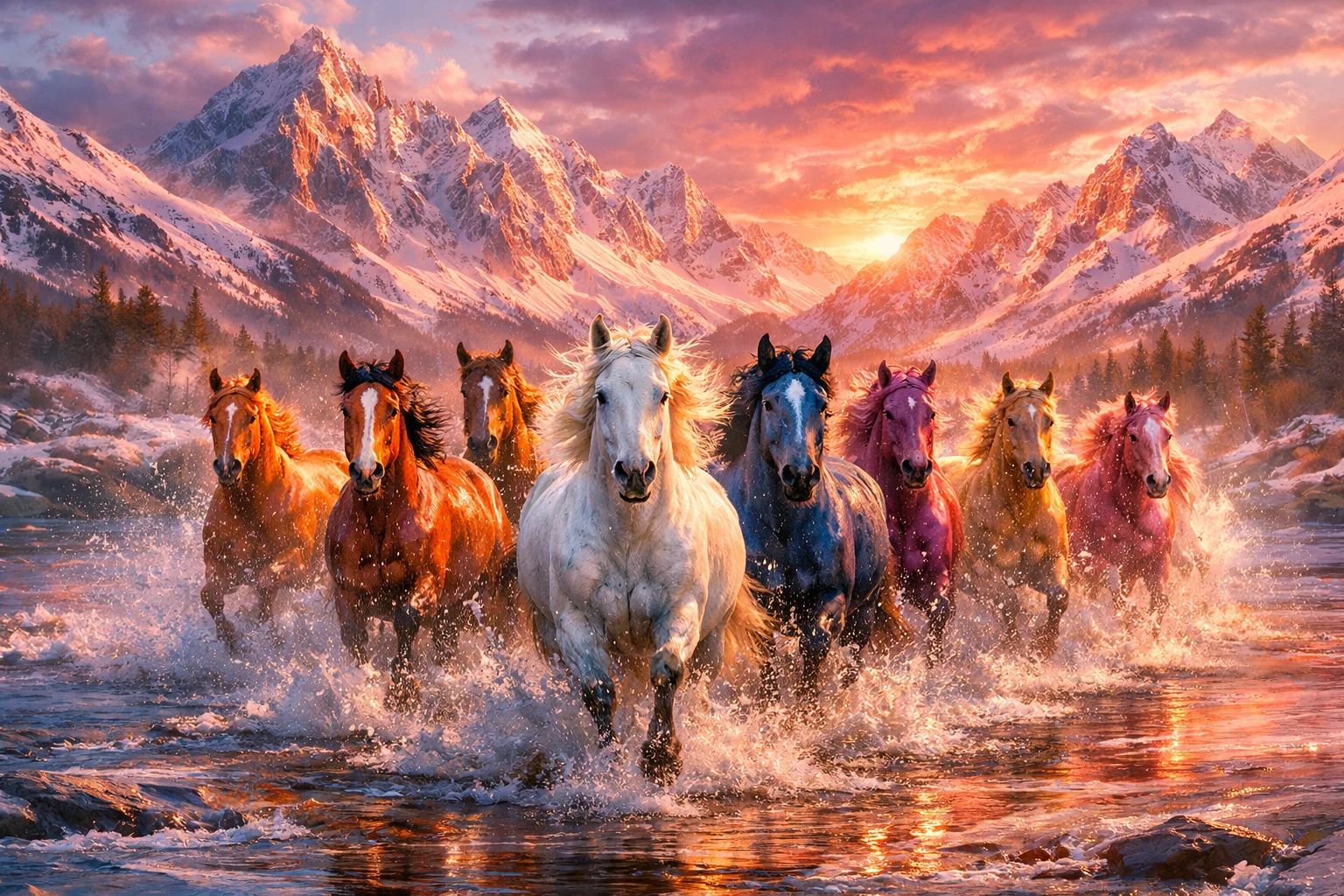 Cavalos selvagens galopando por um rio ao pôr do sol na montanha