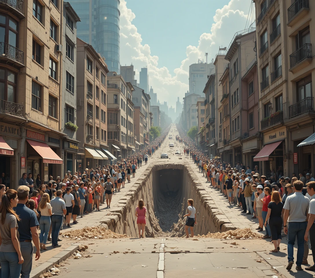 人群圍觀城市街道上的巨大地震裂縫
