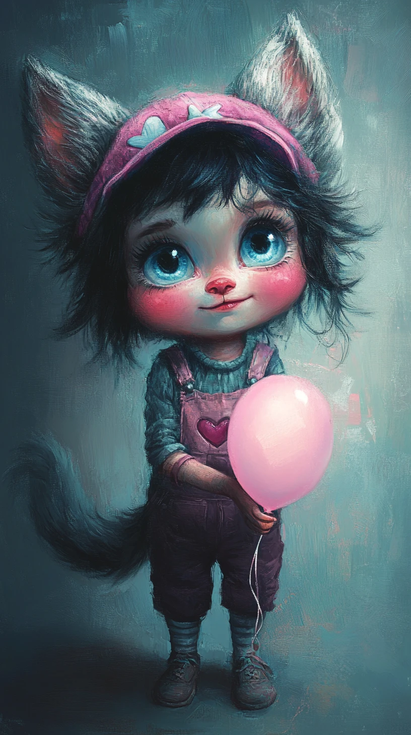Cute wolf child portrait holding a glowing balloon