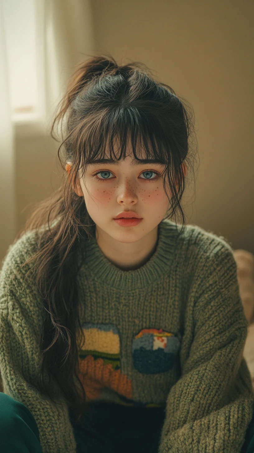 Relaxed anime girl in cozy patched sweater indoors