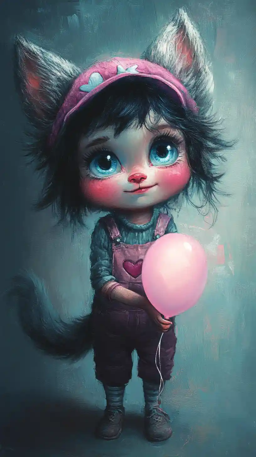 Cute wolf child portrait holding a glowing balloon