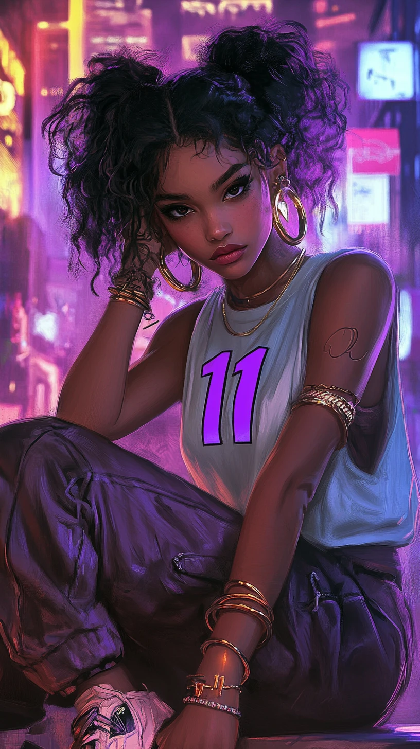 Confident young woman in sporty outfit against city skyline