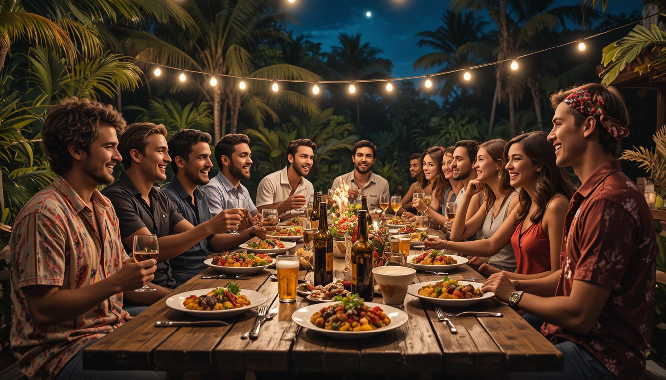 Amigos y familia compartiendo una alegre cena tropical al aire libre