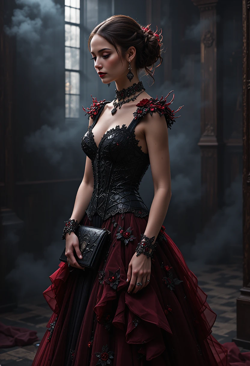 Illustrazione di moda dark couture di una donna in abito cremisi