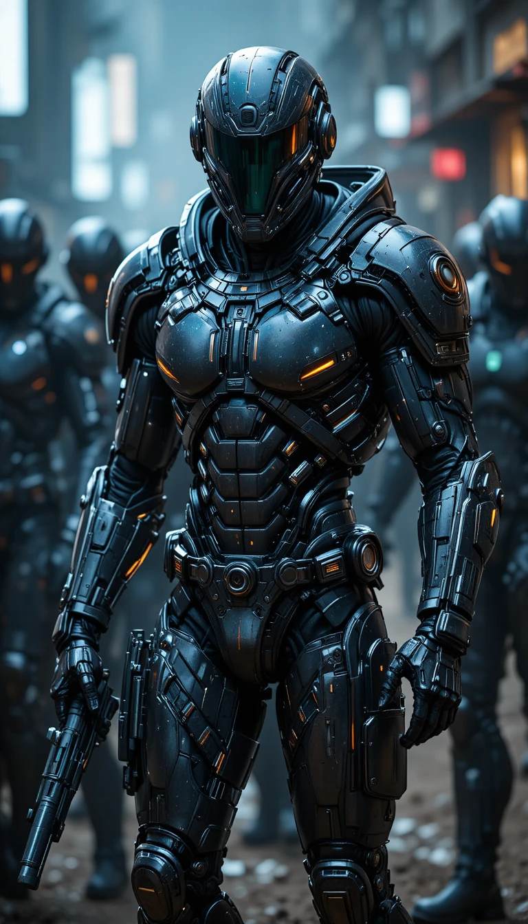 Futuristic armored sci fi soldier group in glowing exoskeletons