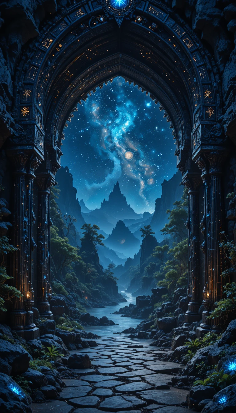 Valle fluviale fantasy vista attraverso un arco di pietra luminoso