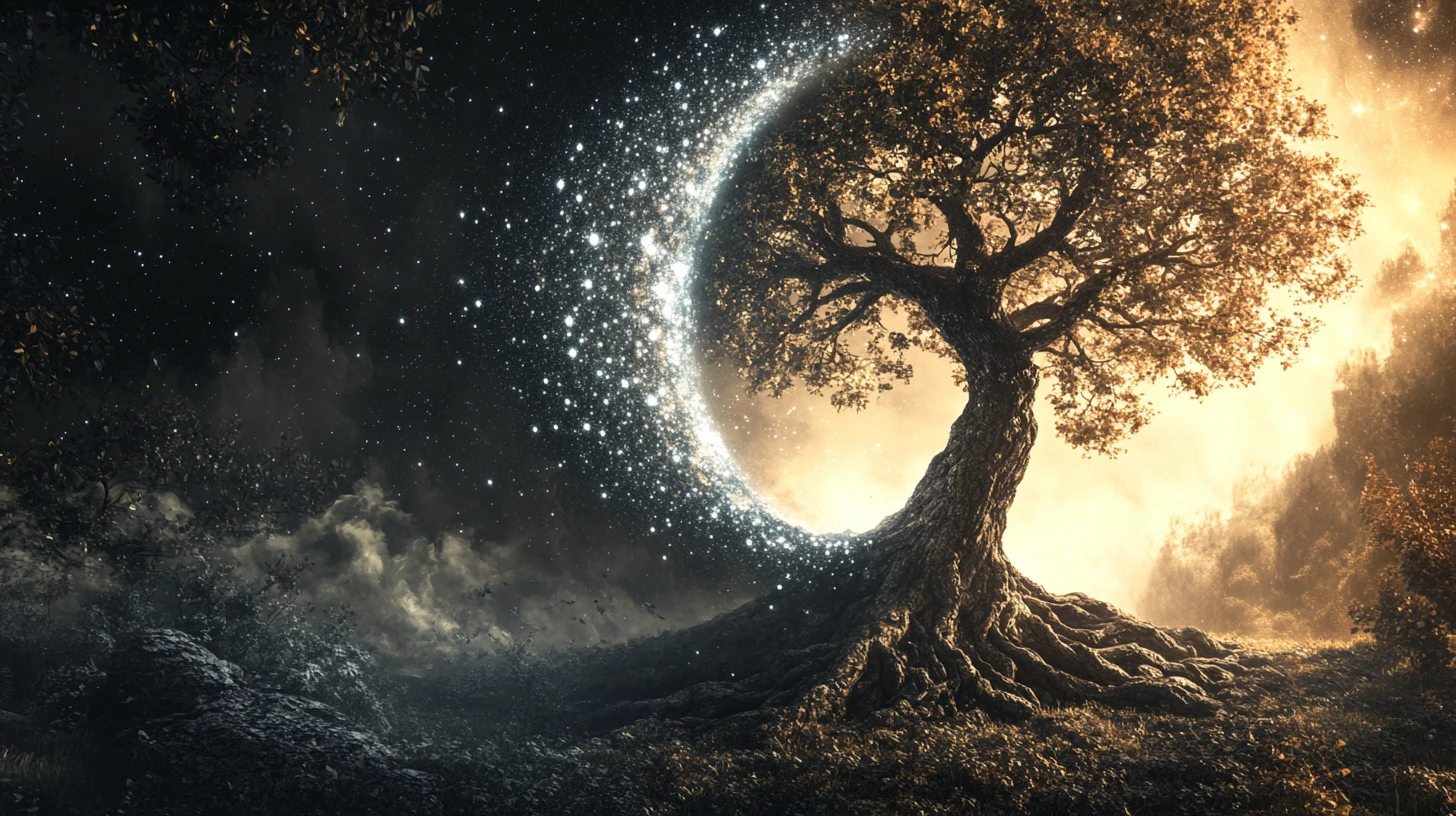 Albero yin yang che fonde costellazioni galattiche e radici ancestrali
