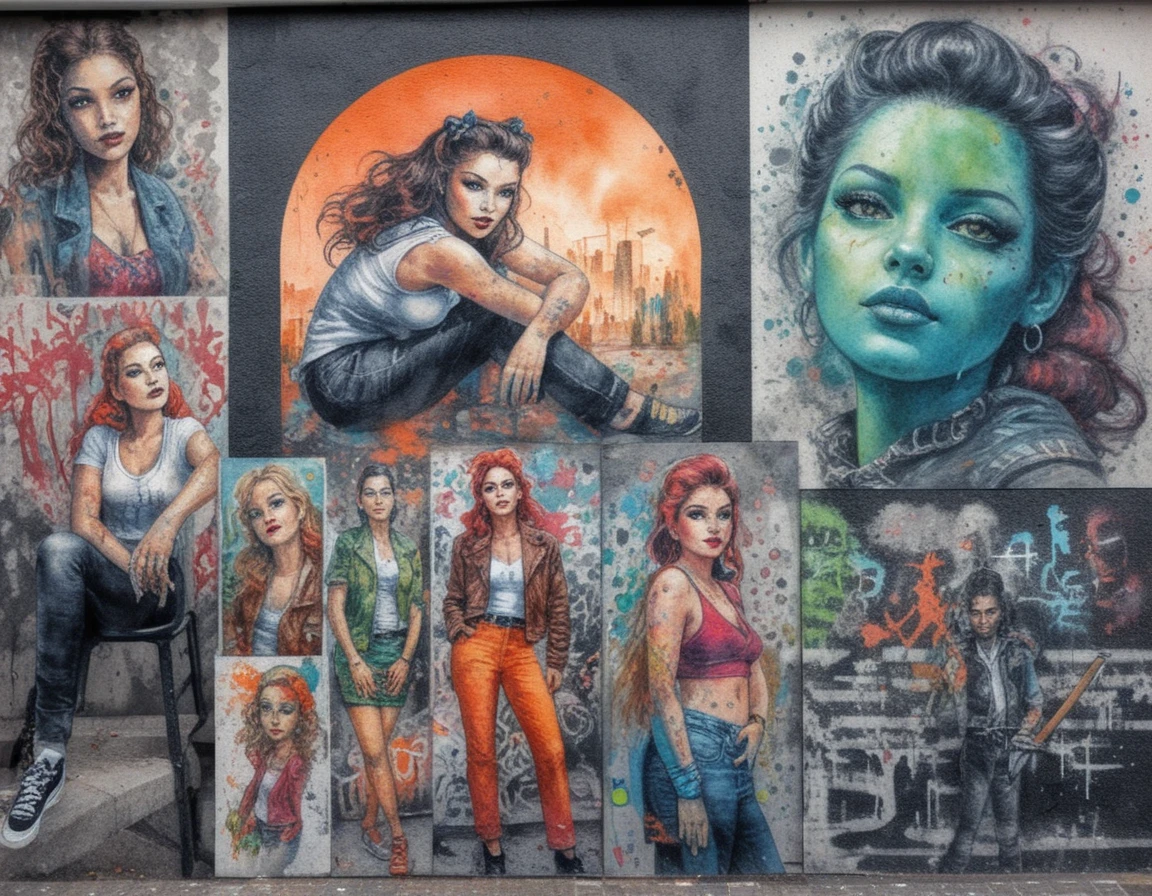 Artista de rua morena pintando um mural de grafite neon