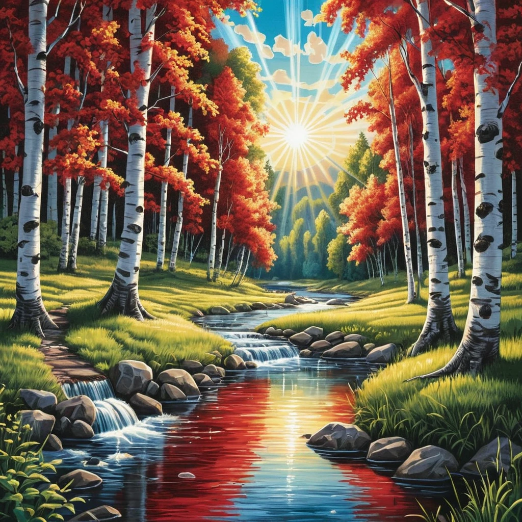 Illustration d’une rivière d’été traversant une lumineuse forêt de bouleaux