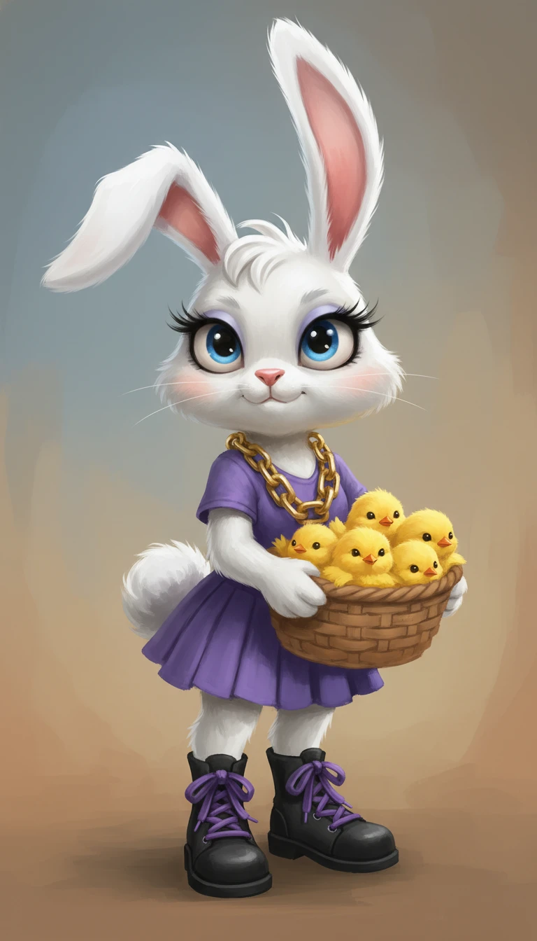 Hip hop cartoon rabbit girl in violet dress with chicks