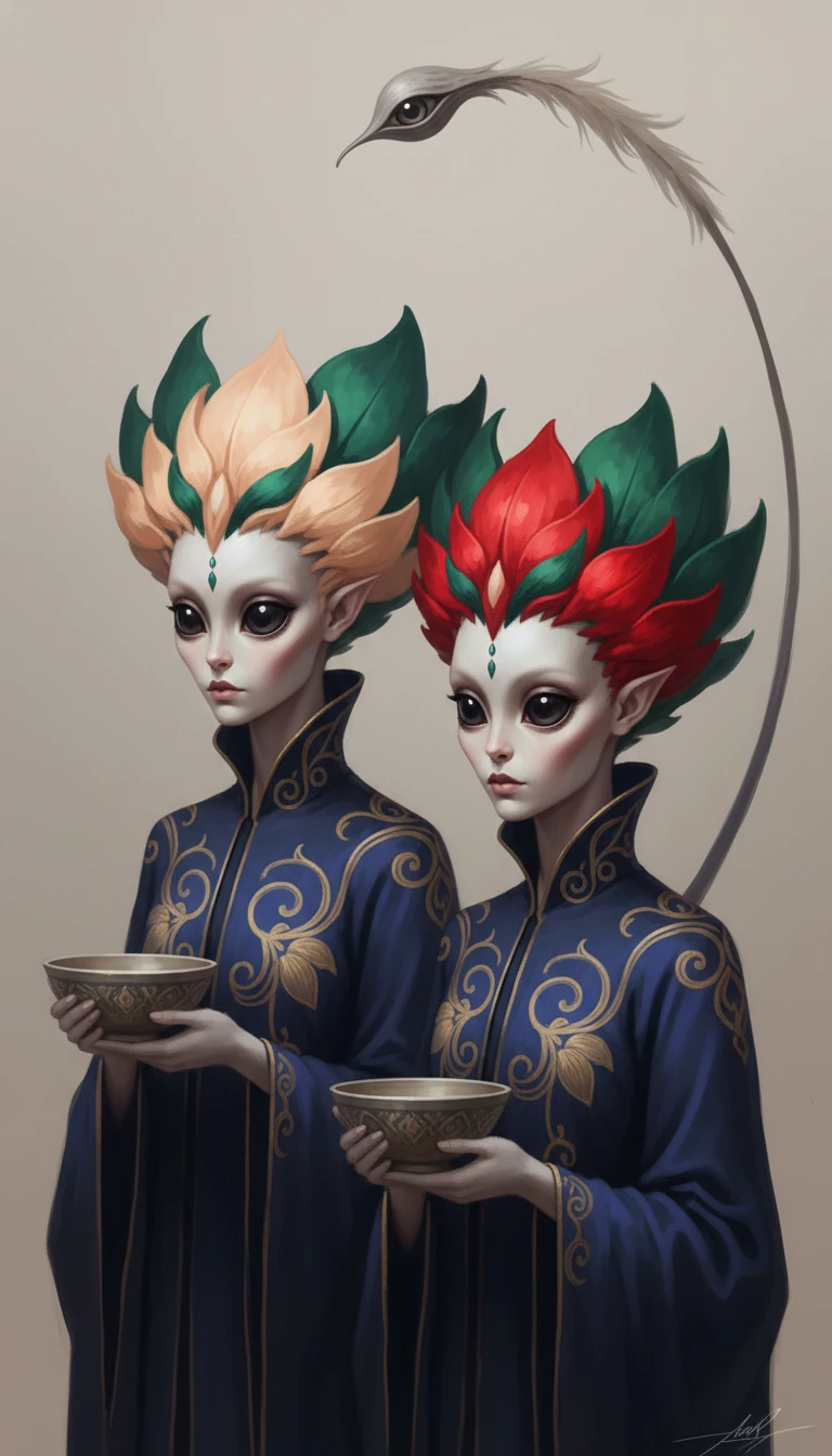 Dos figuras alienígenas con túnicas ornamentadas bajo coronas florales