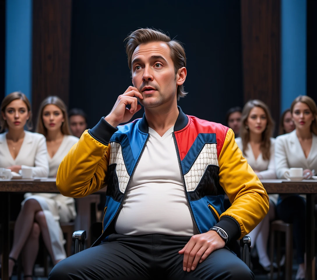 Pensive man in colorful bomber jacket at public event