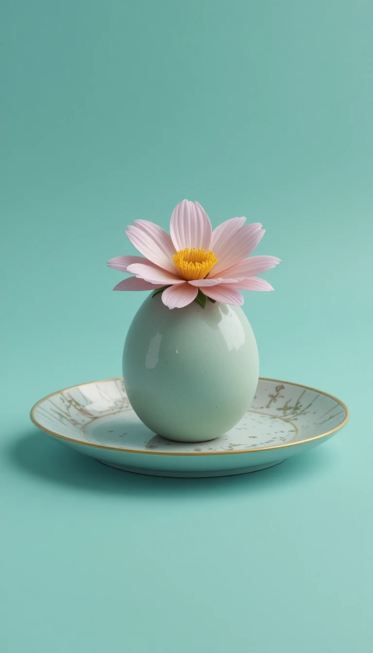 Œuf 3D au motif floral sur assiette sur fond menthe