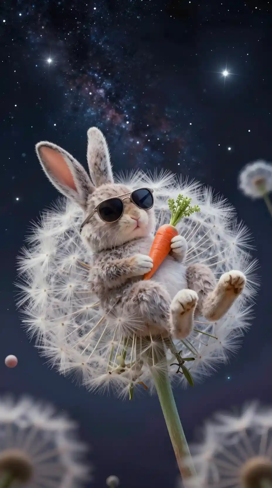 宇宙夜空中躺在蒲公英上的復活節兔子