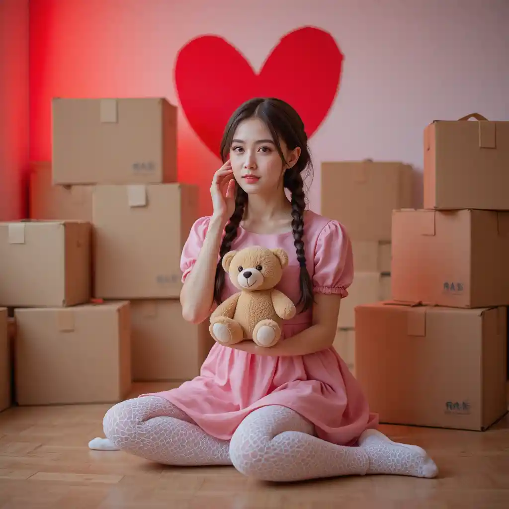 Mädchen im rosa Kleid hält einen Teddybär auf dem Boden