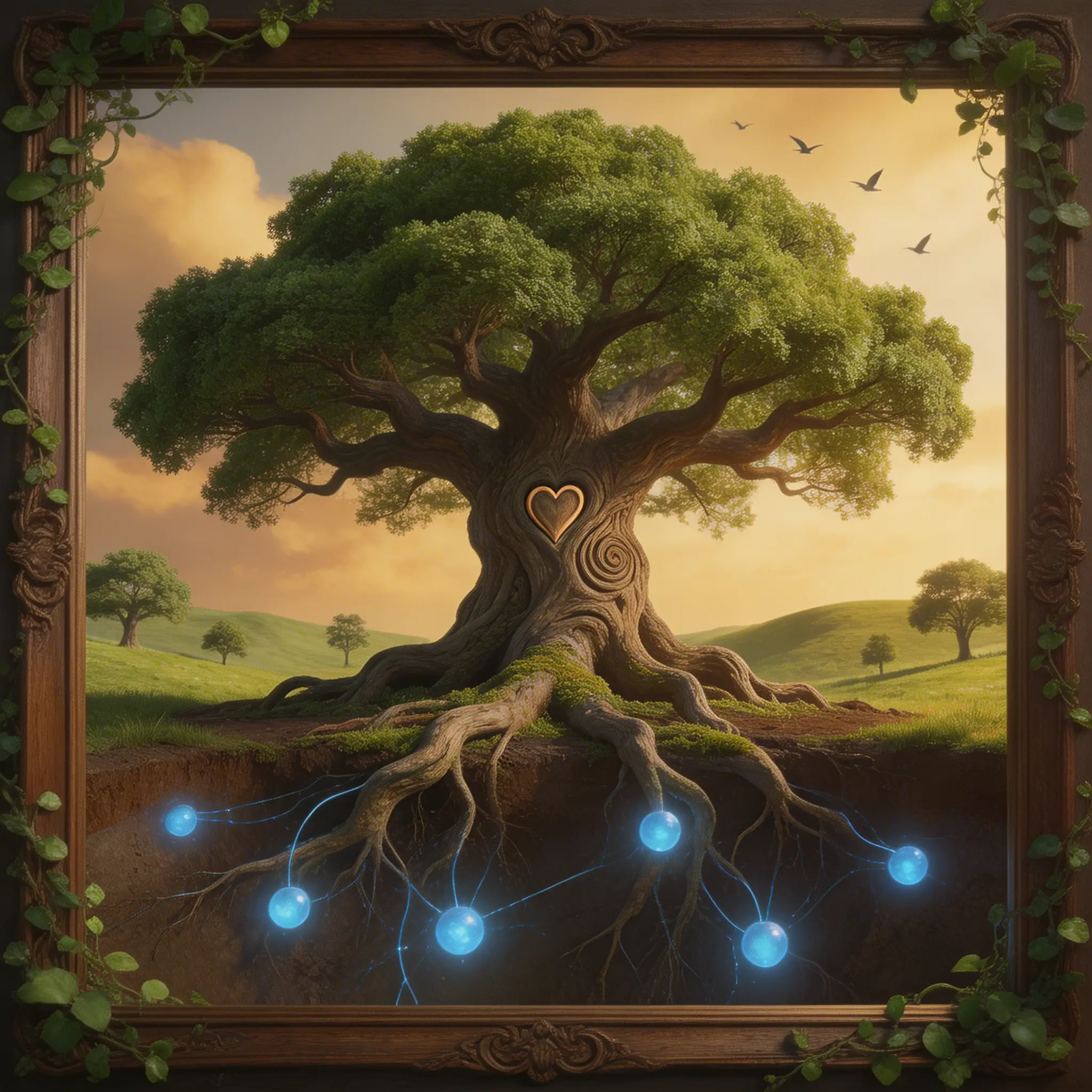 Uralter Baum mit leuchtenden Wurzeln in einer friedlichen Landschaft