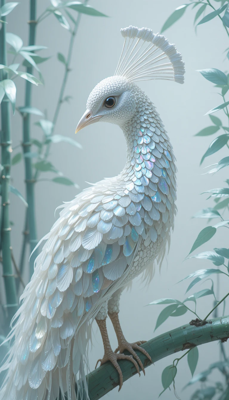 Retrato de pavão branco metálico com penas em mosaico iridescente