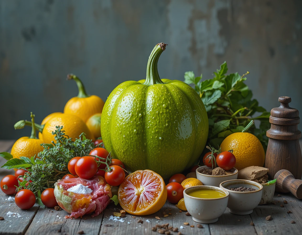 Fresh Mediterranean salad ingredients on rustic kitchen surface