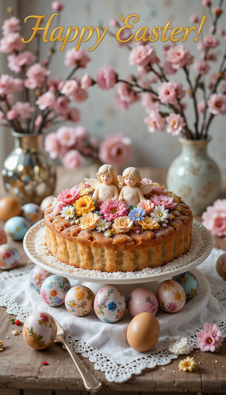 Pastel festivo de Pascua sobre servilleta de encaje con flores