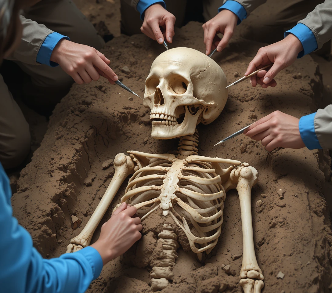 Archeologi che spazzolano il terreno da un antico scheletro umano