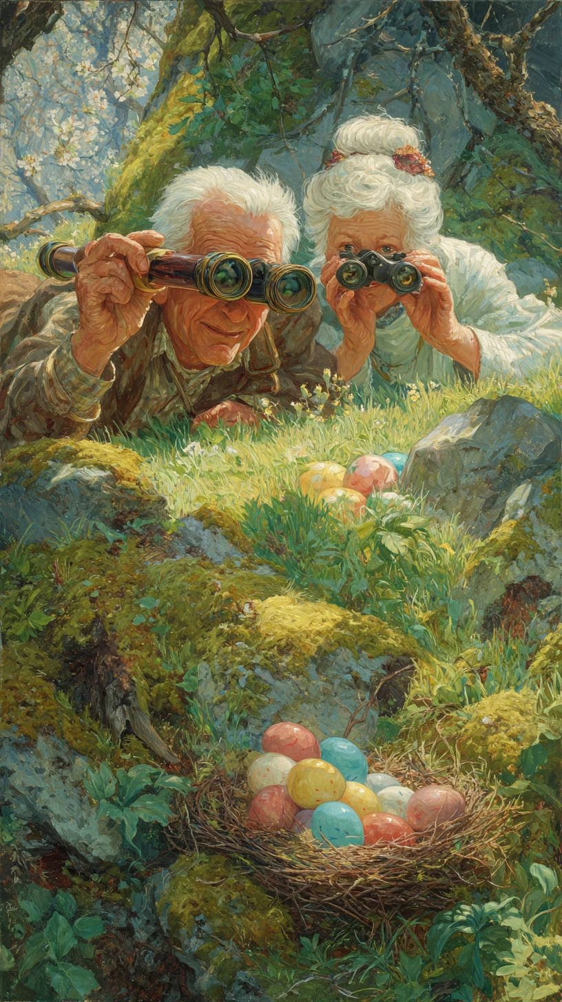 Elderly couple stargazing together in a sunlit meadow