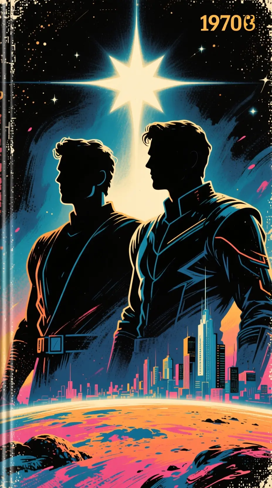 Retro space heroes silhouetted against a distant star