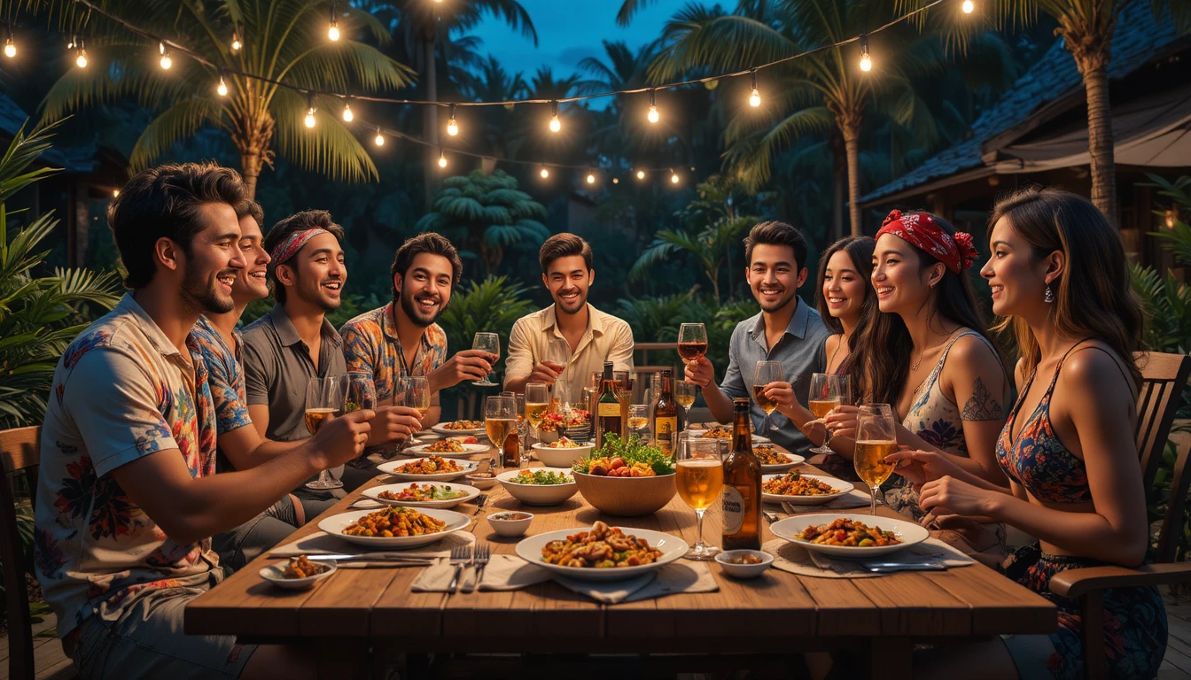 Amici e famiglia condividono una gioiosa cena tropicale all’aperto