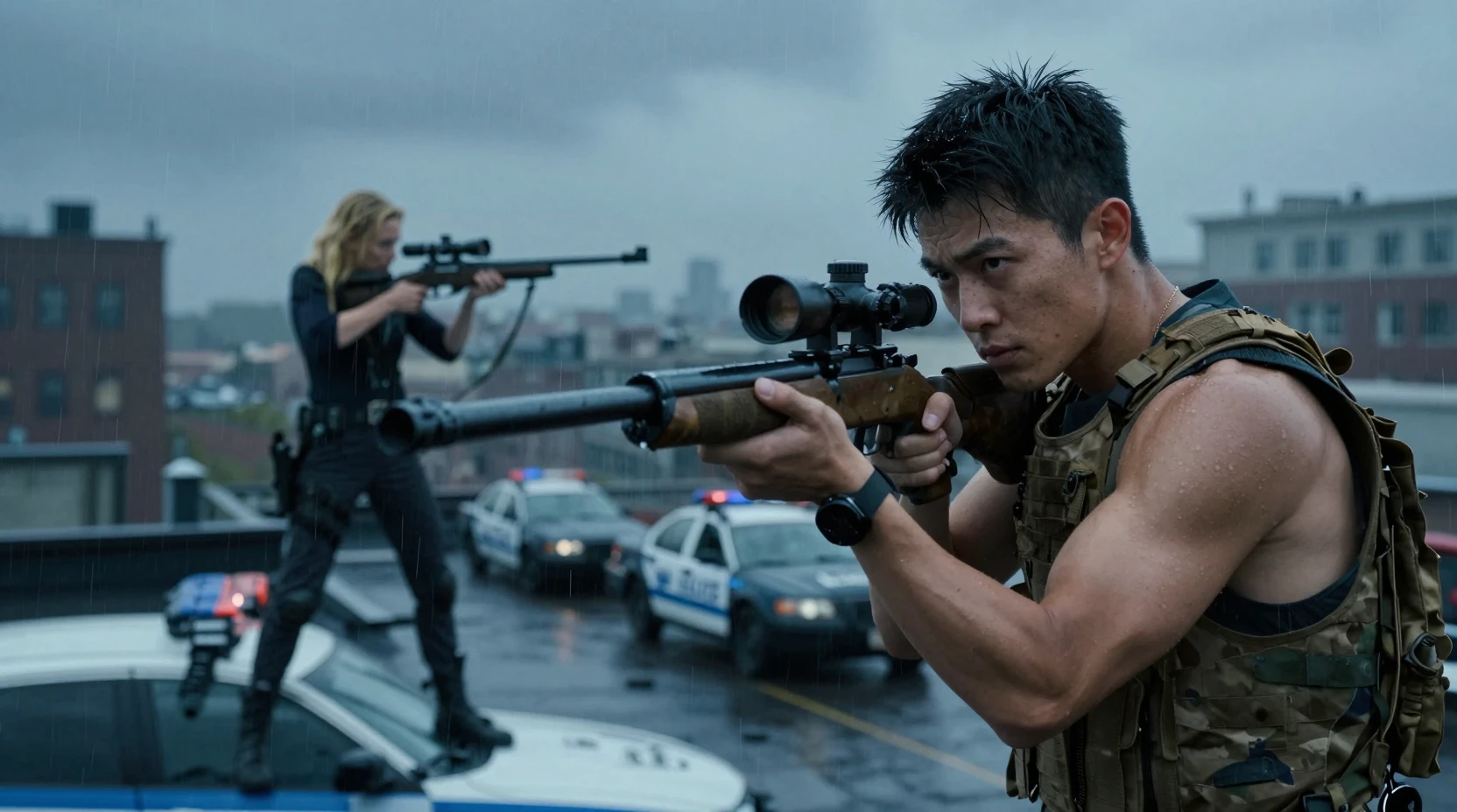 Des snipers s’affrontent sur un toit de ville détrempé par la pluie au crépuscule