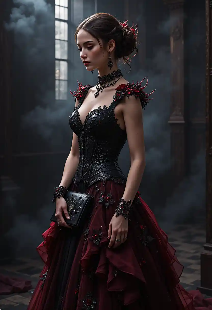 Illustrazione di moda dark couture di una donna in abito cremisi