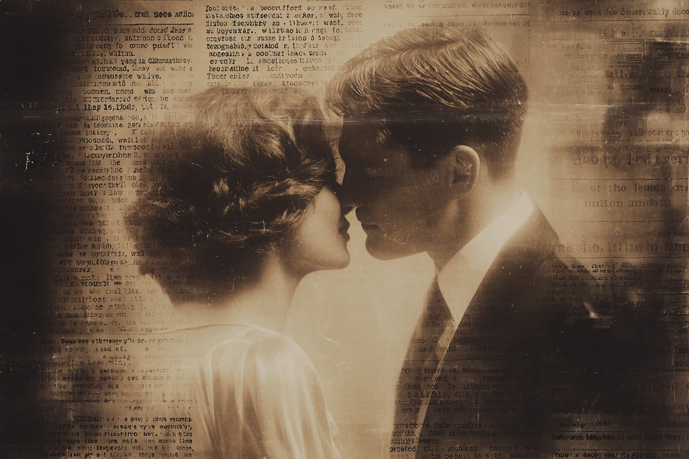Pareja romántica de los años 20 con ropa sedosa y tonos sepia