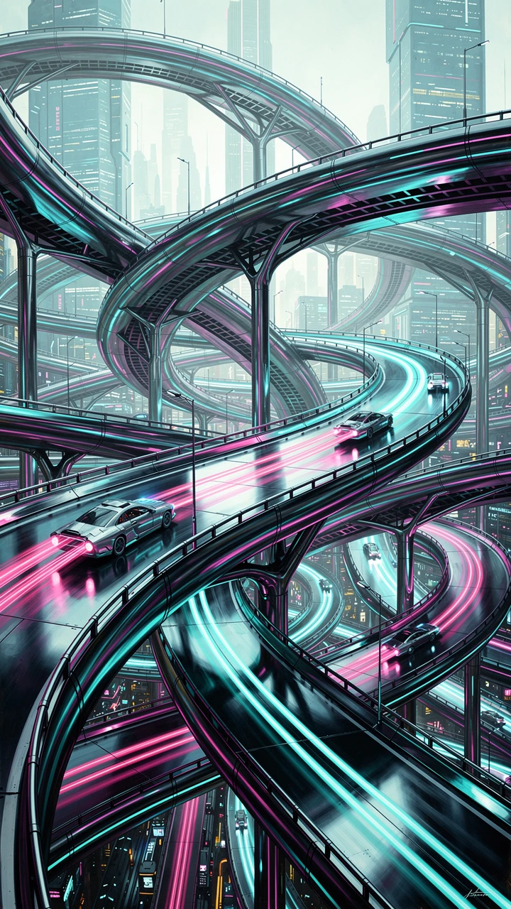 扭曲穿梭於鏡面城市景觀的超現實未來派高速公路