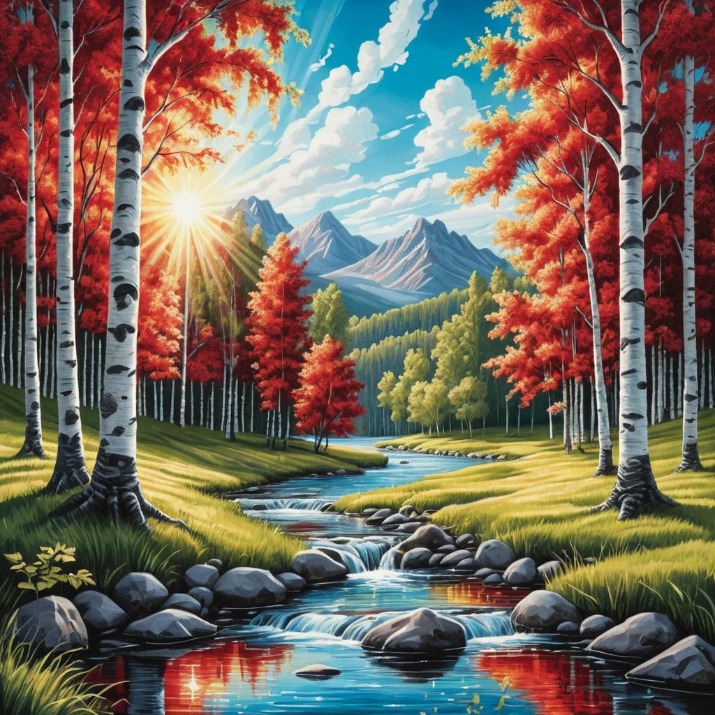 Summer river and birch trees under glowing sunlight