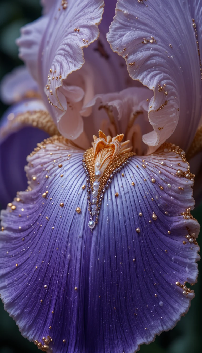 Single iris petal in close up with delicate chain embroidery