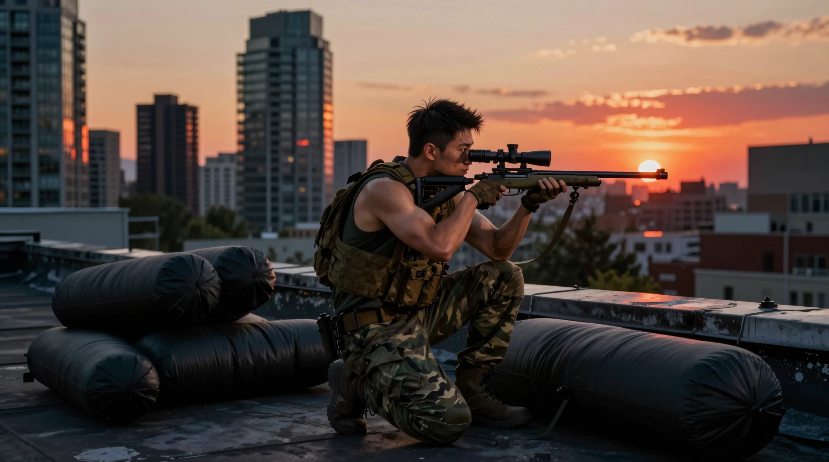 Soldado tático vigiando telhados ao pôr do sol na cidade