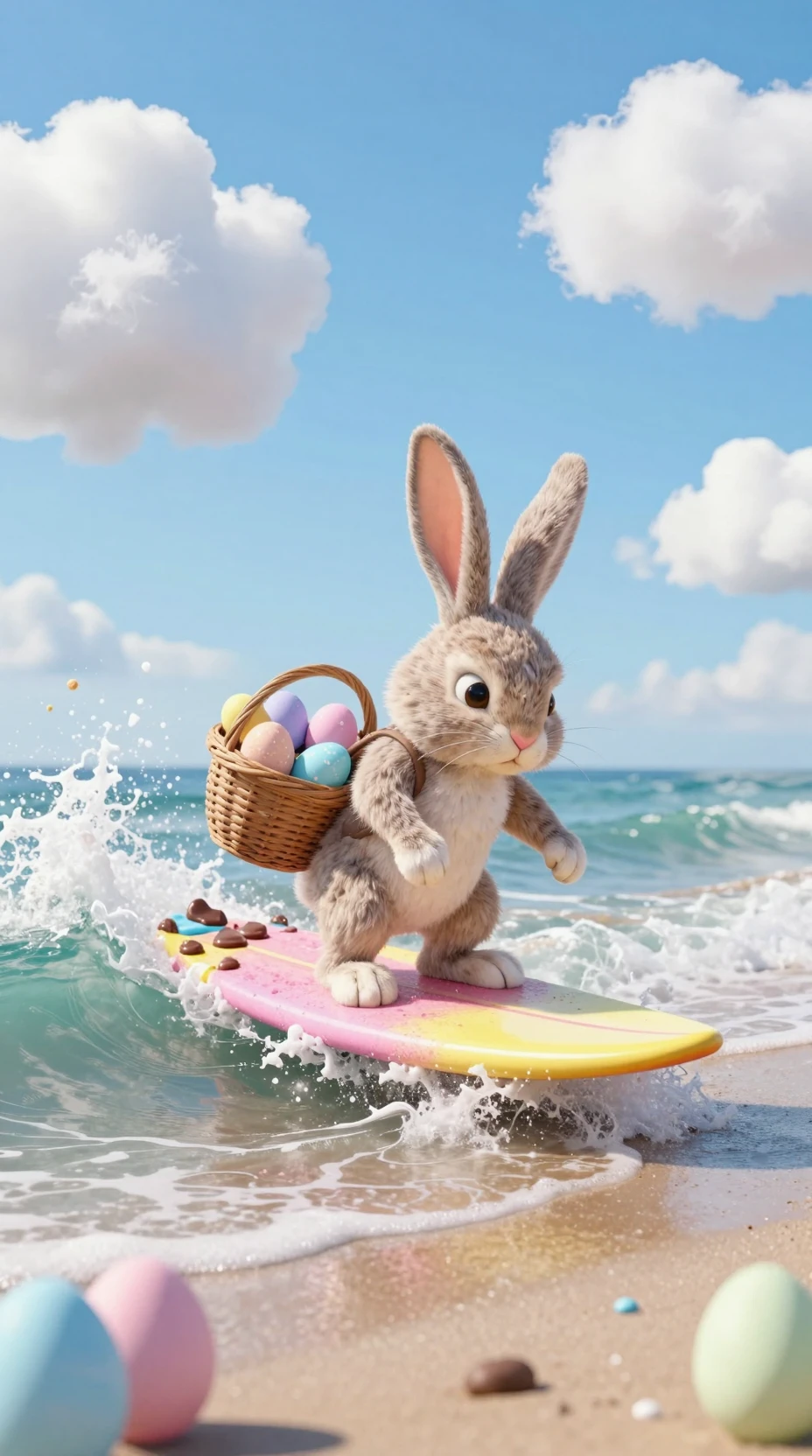 Coelho de Páscoa surfando uma onda de chocolate em tons pastéis na praia