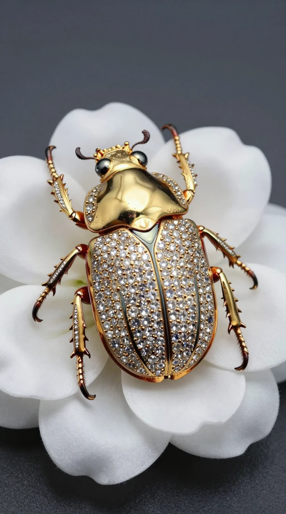 Escaravelho dourado com joias sobre flor de seda branca