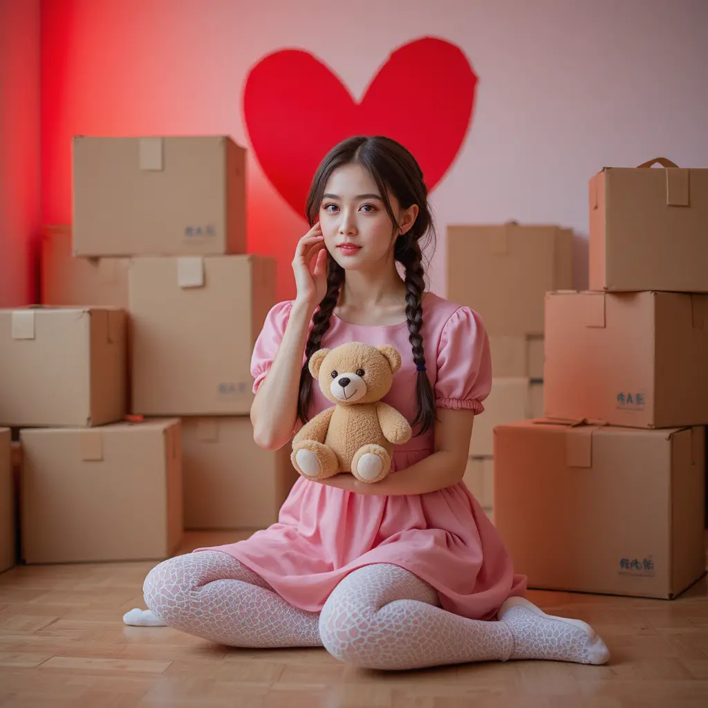 Mädchen im rosa Kleid hält einen Teddybär auf dem Boden