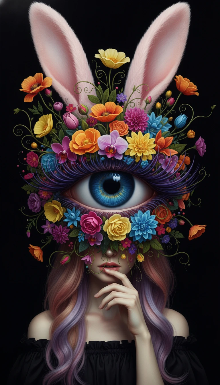 Femme surréaliste avec gigantesque œil bleu et couronne florale de lapin