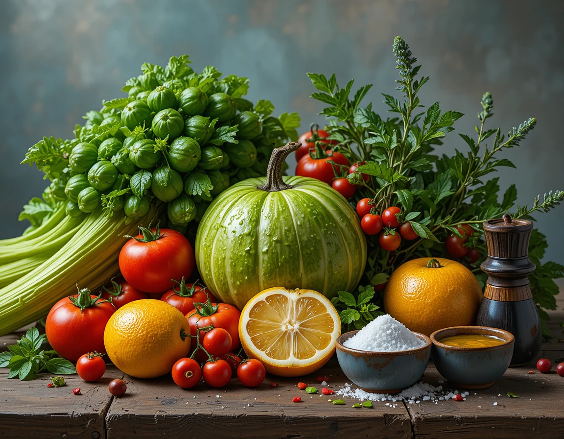 Fresh Mediterranean salad ingredients in a vibrant kitchen scene