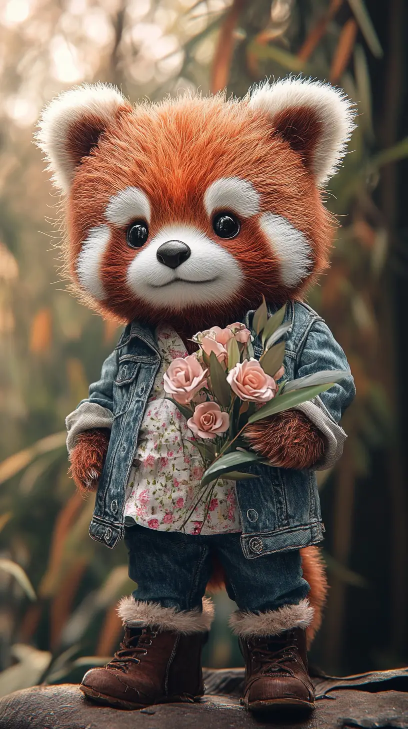 Vintage dressed red panda plush holding flowers in bamboo