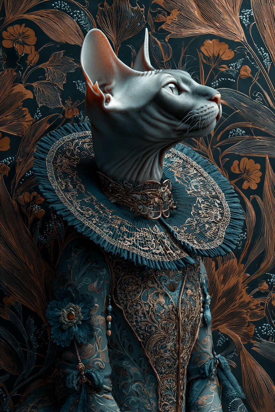 Elegante gatto orientale in abito verde petrolio con motivi botanici vorticosi