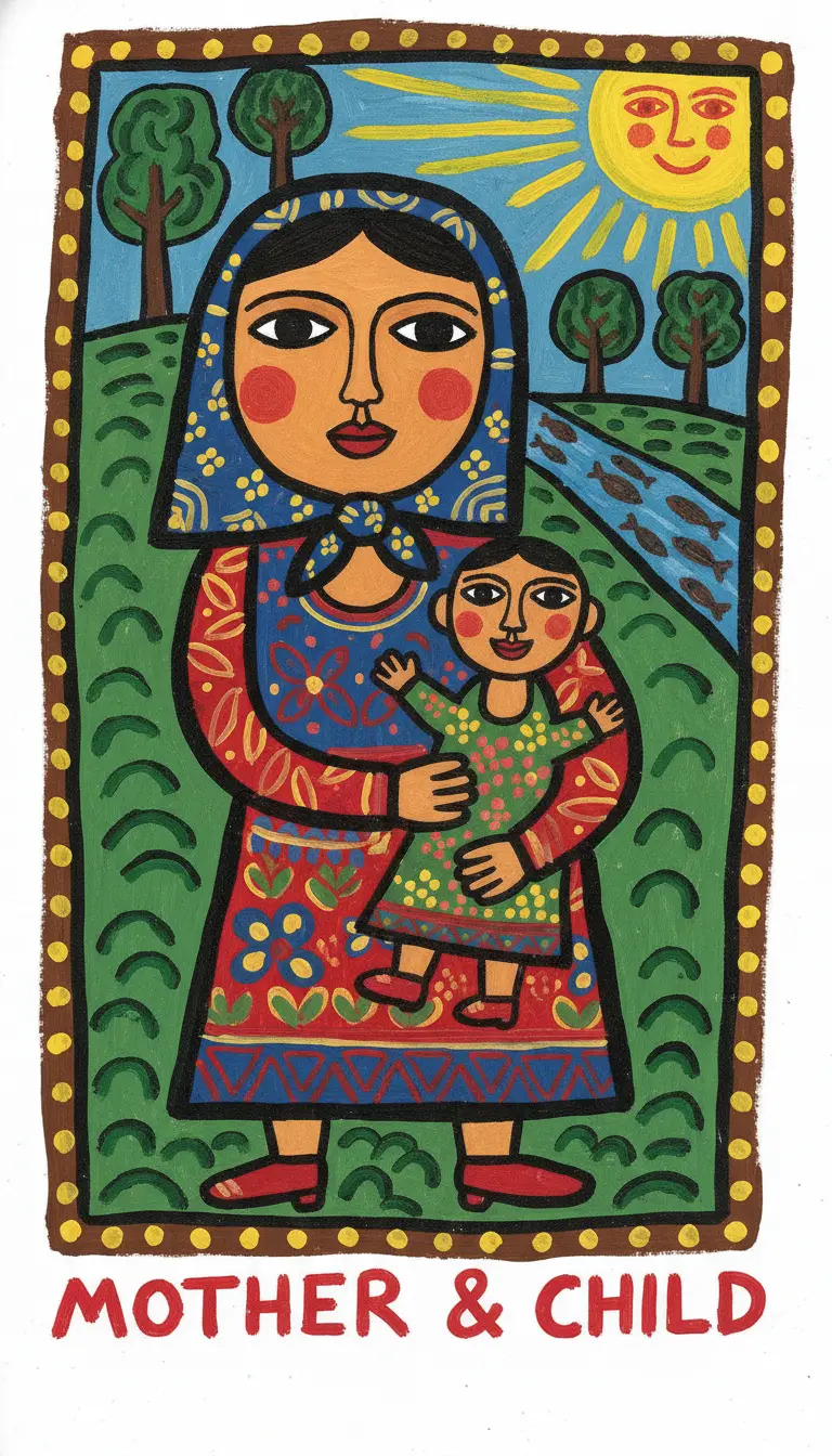 Naive painting of a woman with a small child