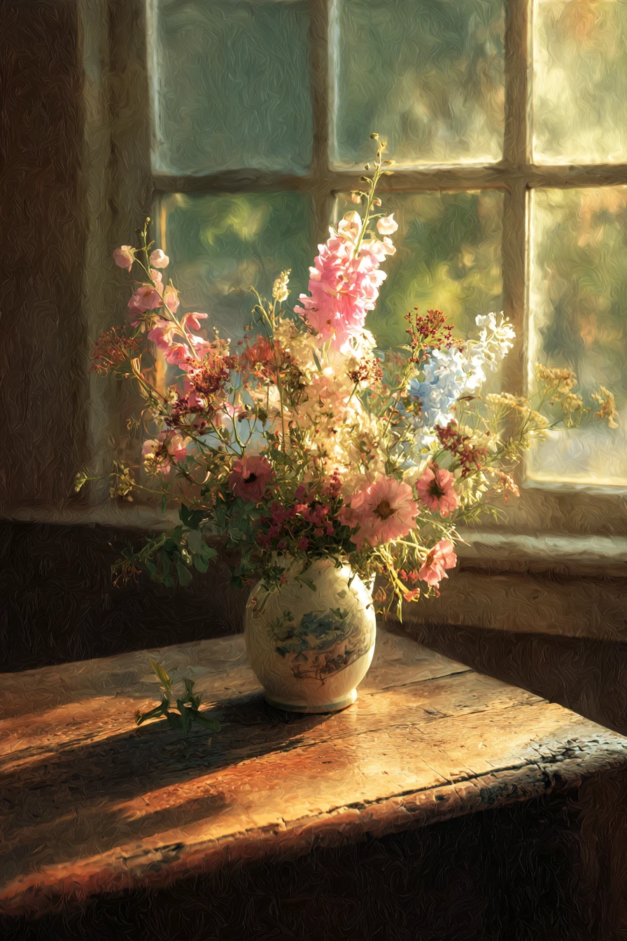 Watercolor bouquet in a vintage vase on rustic wooden table