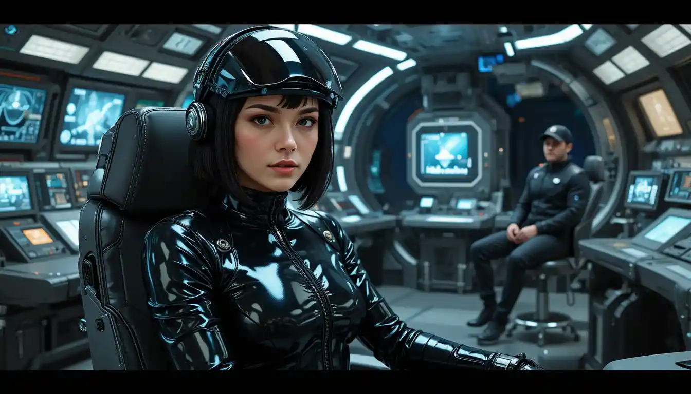 Pilota mulher em sala de controle de nave espacial sci-fi elegante