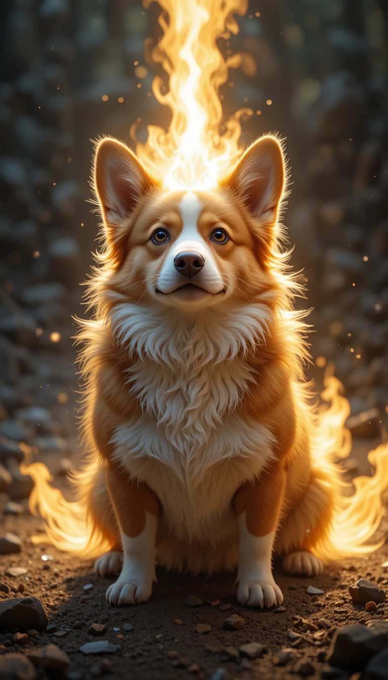Corgi Pembroke brilhando com luz sagrada em aura fantástica
